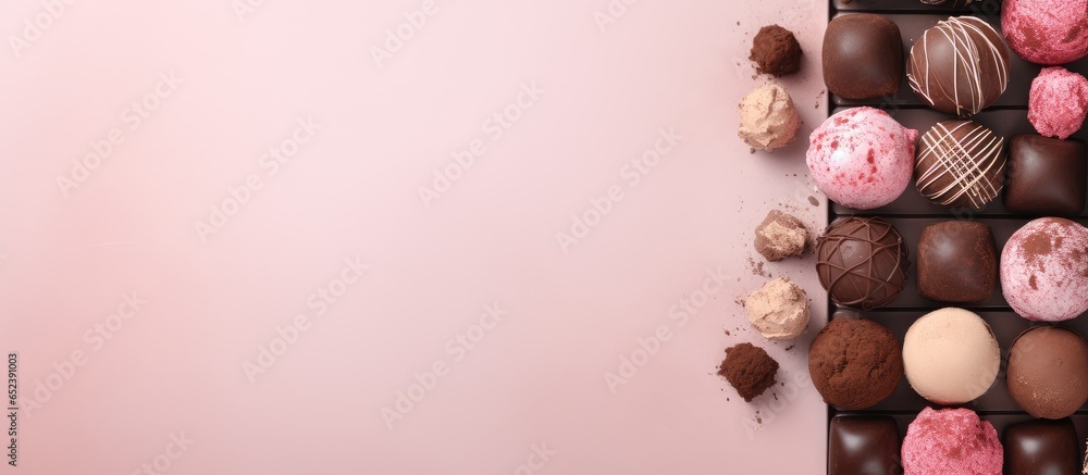 Aufkleber a display of chocolate truffles alongside decorative boxes isolated pastel background copy space