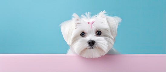 Maltese dog in front of isolated pastel background Copy space