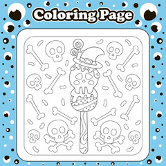 Halloween sweets themed coloring page for kids with kawaii skull character shaped ice cream