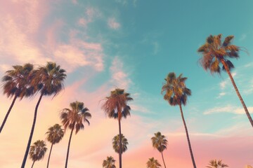 Fototapeta na wymiar Low angle view of palm trees against colorful skyline 