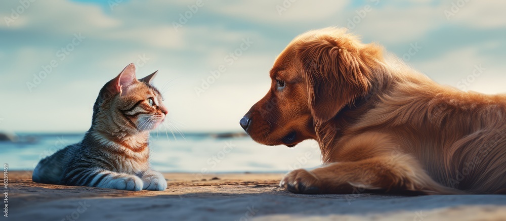 Poster the interaction between the dog and cat isolated pastel background copy space