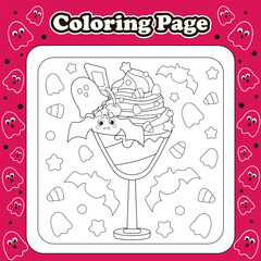Halloween sweets themed coloring page for kids with kawaii ghost and bat character shaped ice cream, printable educational worksheet in cartoon style