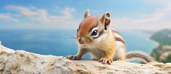 Chipmunk perched on stone isolated pastel background Copy space