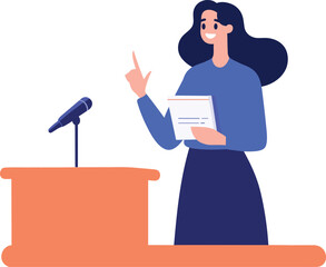 Hand Drawn Business woman speaking on the podium in flat style - obrazy, fototapety, plakaty