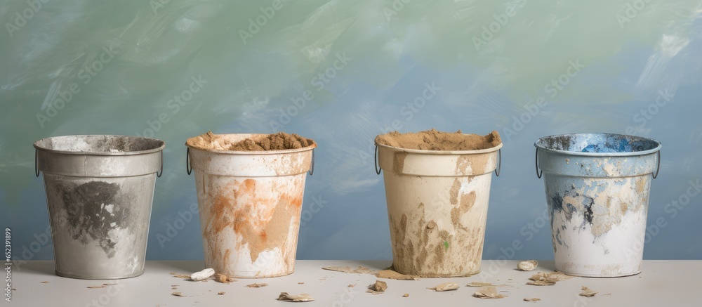 Poster Assorted debris in three black buckets on isolated pastel background Copy space
