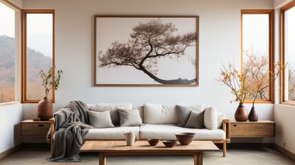Mock up poster frame in Living Room Japanese-Inspired , Mockups Design 3D, HD