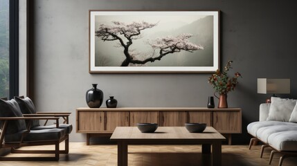 Mock up poster frame in Living Room Japanese-Inspired , Mockups Design 3D, HD