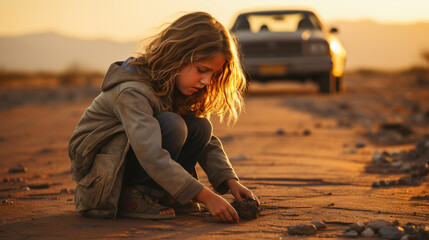 Junges Mädchen ist einsam auf der Wüstenstraße - obrazy, fototapety, plakaty