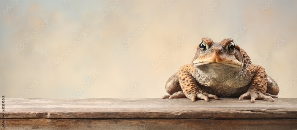 Poster toad resting on a bench isolated pastel background copy space