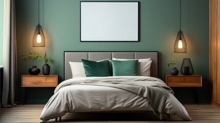 Mock up poster frame in Bedroom Modern Farmhouse , Mockups Design 3D, HD