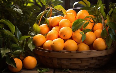 A basket of oranges with condensations at the garden.