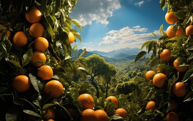 A basket of oranges with condensations at the garden. - obrazy, fototapety, plakaty