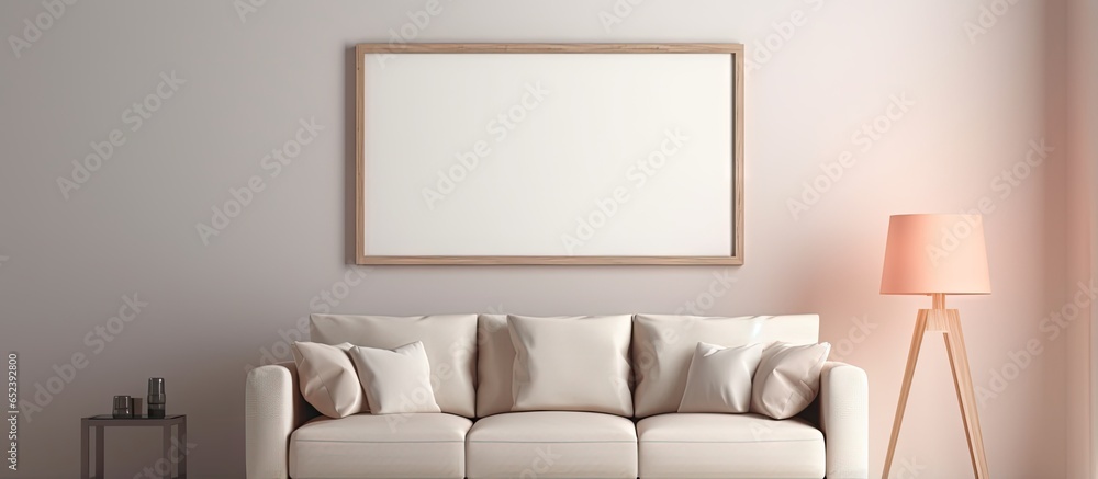 Aufkleber 3D rendering of sofa lamp and table in an empty room with a picture frame interior isolated pastel background Copy space