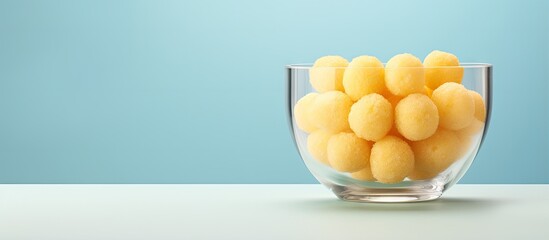 Glass bowl with isolated pastel background Copy space containing cheese balls