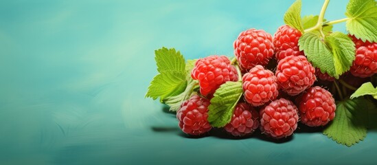 Copy space with isolated ripe raspberries and green leaf