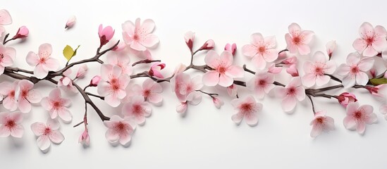 Pink flowers arranged on a white isolated pastel background Copy space - obrazy, fototapety, plakaty