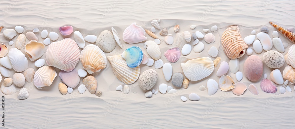 Poster texture and shells on a beach with white stones isolated pastel background copy space