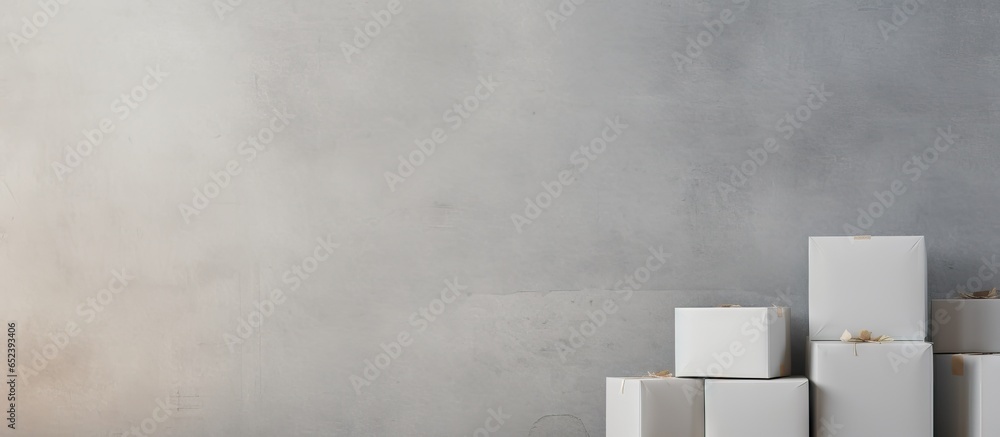 Poster cardboard boxes in a shade of grey isolated pastel background copy space