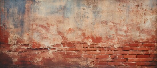 Damaged distressed grungy red brickwall with shabby plaster Abstract banner with copy space isolated pastel background Copy space