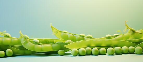 Closeup of green peas isolated pastel background Copy space