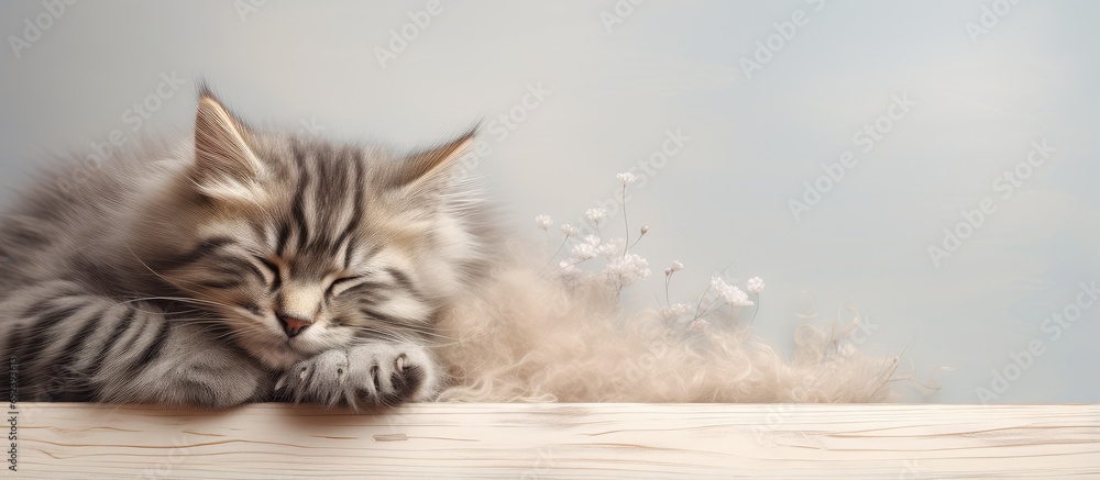 Poster cuddly feline resting isolated pastel background copy space