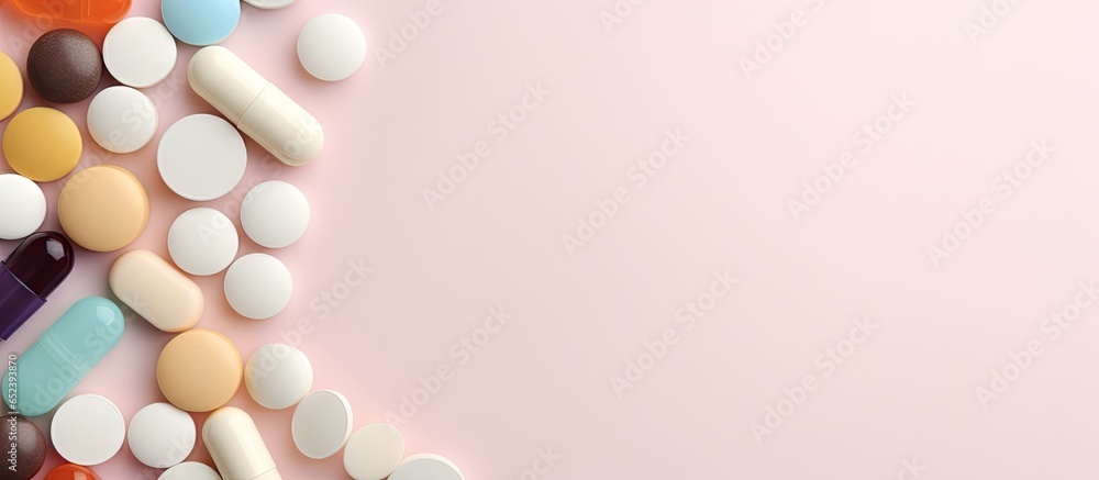 Aufkleber copy space on isolated pastel background copy space with pills and tablets in bottle