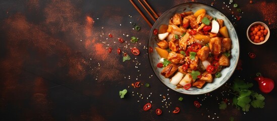 Chicken and teriyaki sauce in a Chinese stir fry pan isolated pastel background Copy space