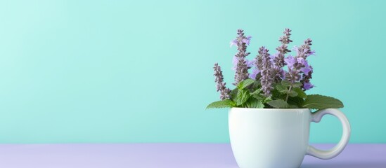 Nepeta in a cup on a isolated pastel background Copy space