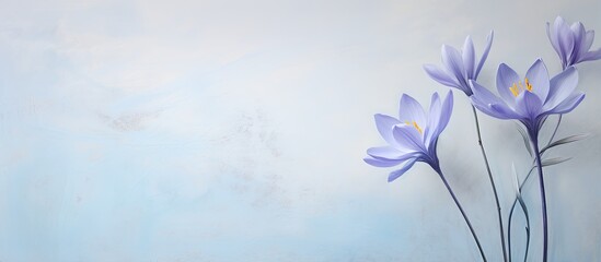 Blue crocus flower in detailed close up with shallow depth of field isolated pastel background Copy space