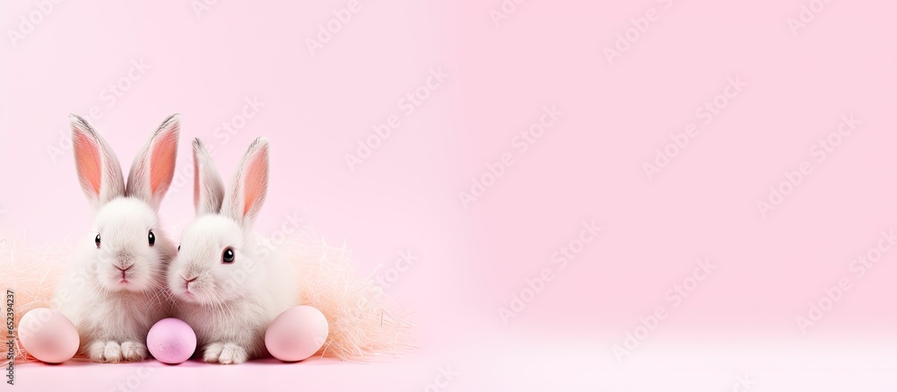 Poster easter themed flatlay with colorful eggs wooden rabbits and isolated pastel background copy space fo