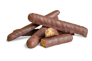 Cookies in the form of sticks in chocolate icing isolated on a transparent background.
