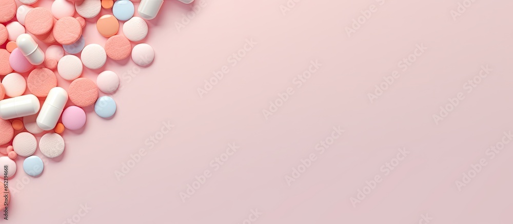 Poster copy space on isolated pastel background copy space with pills and tablets in bottle