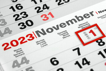 Deutscher Kalender 2023  Datum 1. November und Oktober