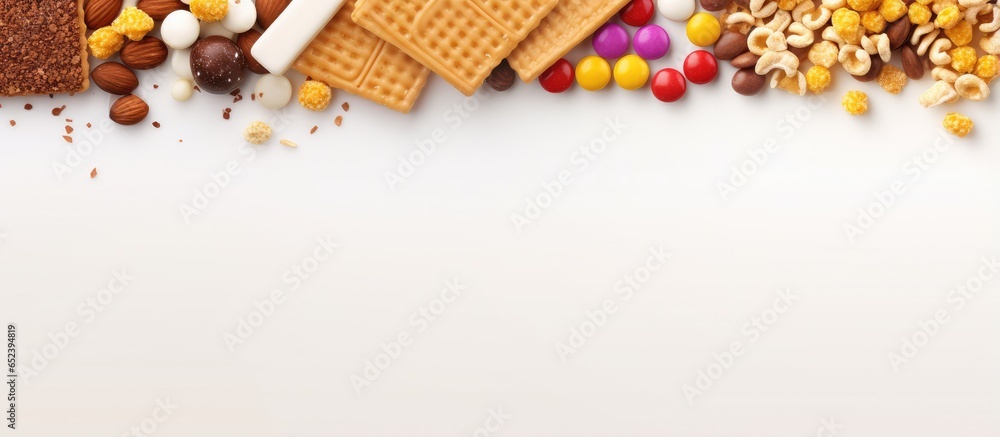 Poster close up image of chocolate bars covered in corn cereal peanuts and white icing isolated pastel back