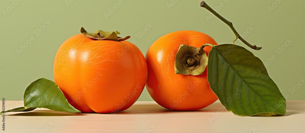 Aufkleber whole and sliced persimmon isolated on a isolated pastel background copy space with green leaf