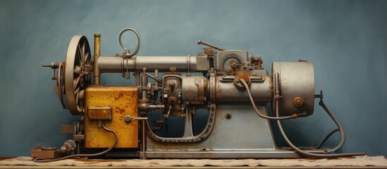 Old dirty cotton gin machine on the floor used to extract cotton fibers from seedpods Industrial machinery isolated pastel background Copy space