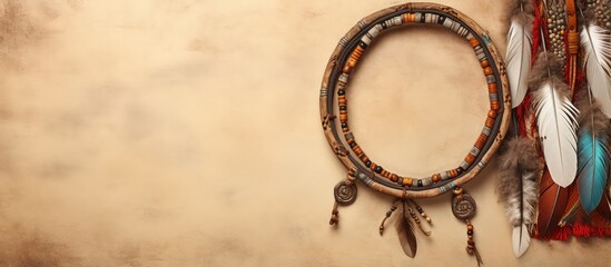 Native American spiritual symbol on circular object with leather beads feathers on a isolated pastel background Copy space