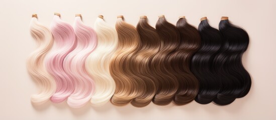 Palette of premium hair extensions with color samples from blonde to black on isolated black ring...