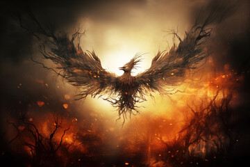 Image of ferocious eerie angry phoenix is flying burning, Bird, Mythical creatures., Generative AI, Illustration.