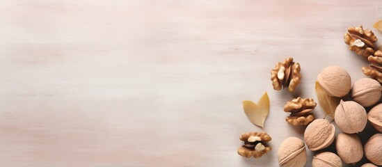 walnuts on a isolated pastel background Copy space - obrazy, fototapety, plakaty