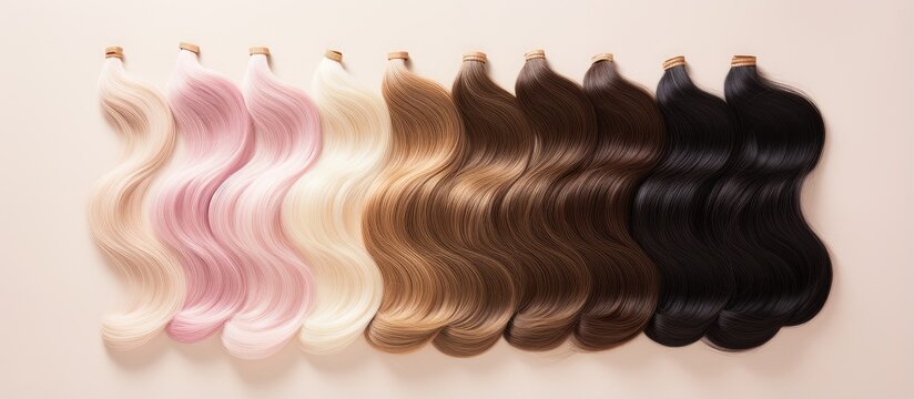 Palette of premium hair extensions with color samples from blonde to black on isolated black ring isolated pastel background Copy space
