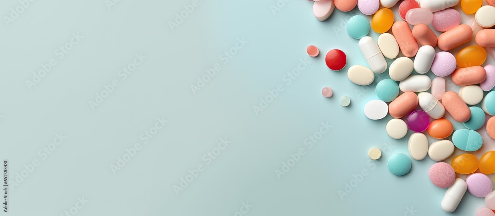 Poster copy space on isolated pastel background copy space with pills and tablets in bottle