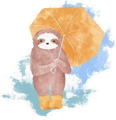 Cute baby sloth with yellow umbrella hand drawn illustration. Fall season art. Rainy days watercolor drawing - 652395602
