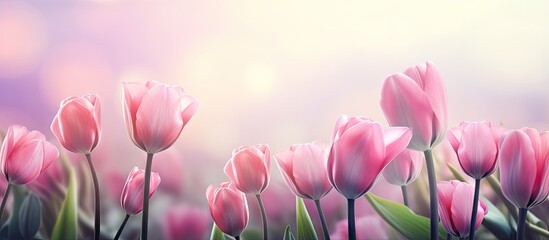 blossoming pink tulips in the garden isolated pastel background Copy space