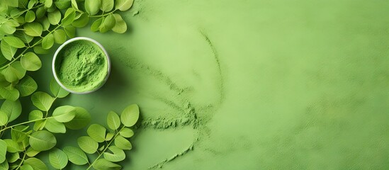 Powdered supplement derived from Moringa isolated pastel background Copy space - obrazy, fototapety, plakaty