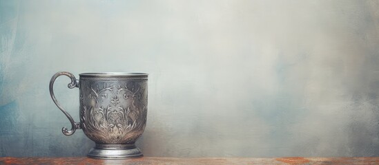 Middle Age European cup made of silver with decorative design isolated pastel background Copy space