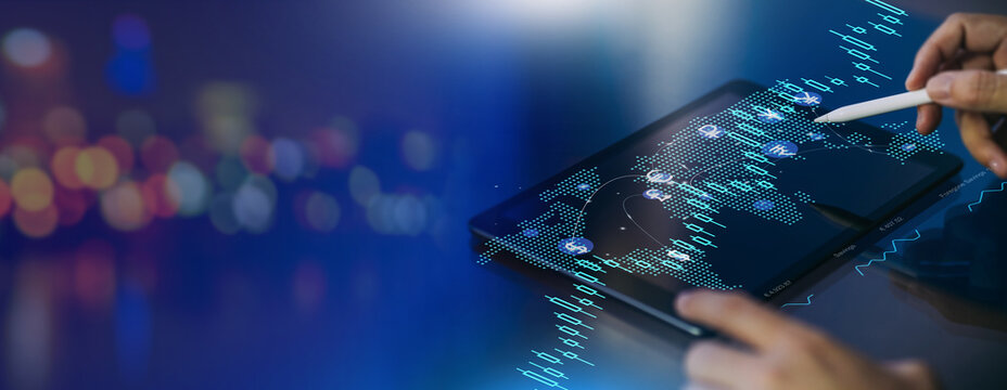 Global economy growth financial data concept and investment in stock market. Data analytics for investor of business strategy and planning. Double exposure background banner.