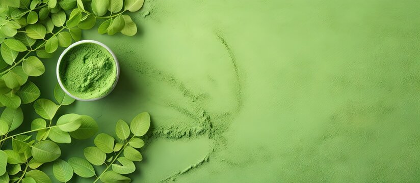 Powdered supplement derived from Moringa isolated pastel background Copy space
