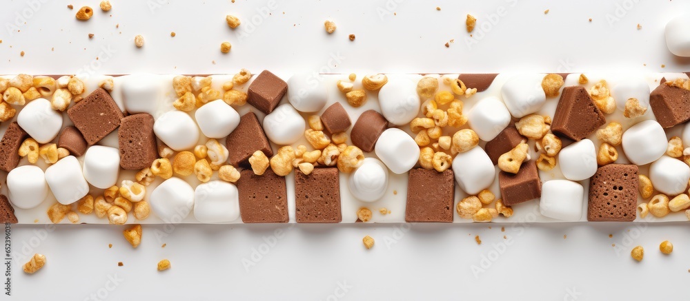 Aufkleber close up image of chocolate bars covered in corn cereal peanuts and white icing isolated pastel back