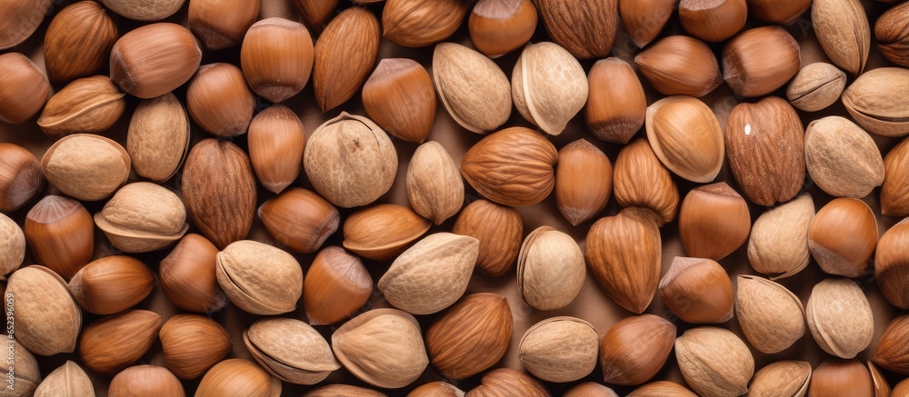 Poster close up background of nuts isolated pastel background copy space